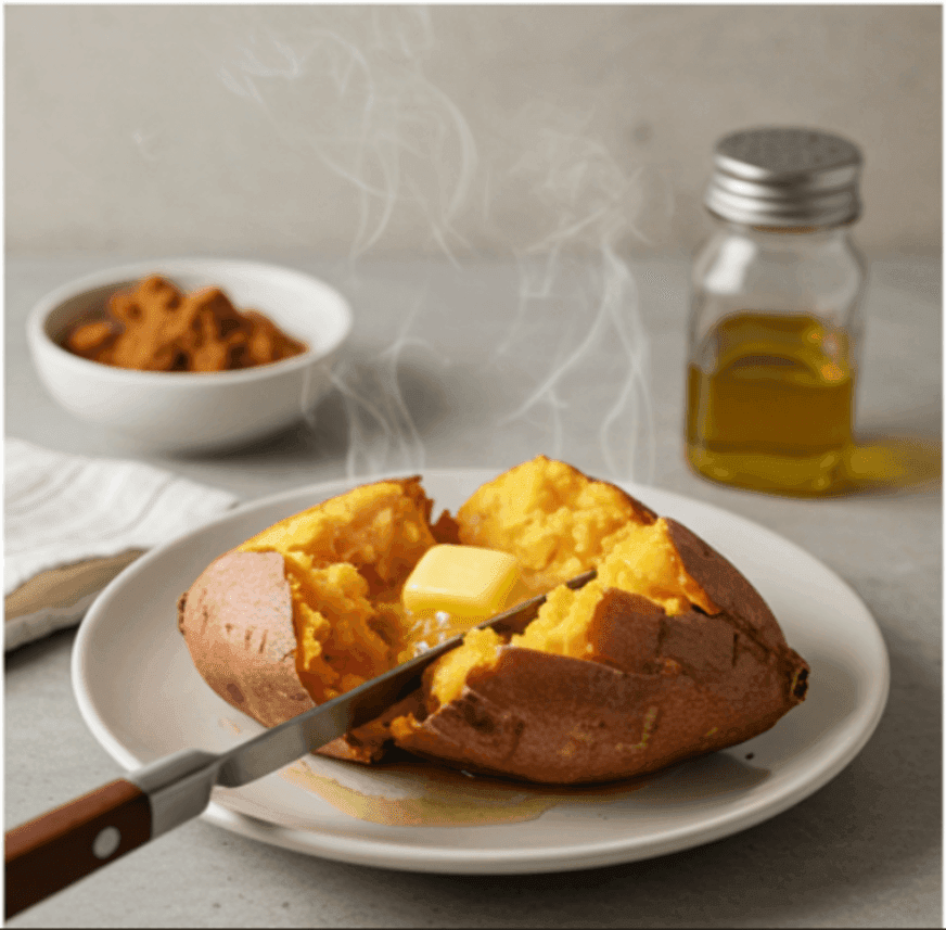 Fluffy, halved microwave sweet potato on a white plate, topped with melting butter and sprinkled with cinnamon, with steam rising gently.