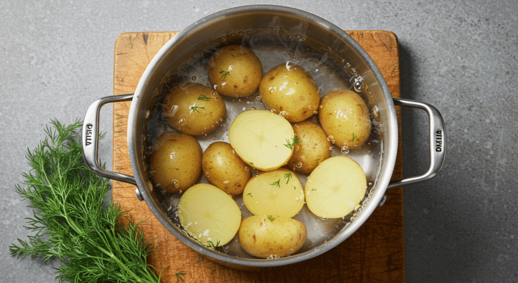 ukon Gold potatoes boiling in a stainless steel pot