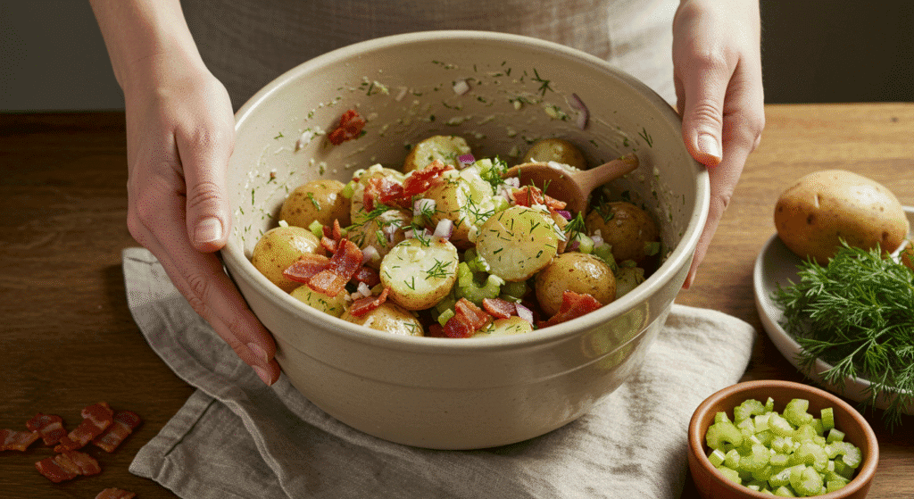 Hands mixing  Crispy Bacon & Potato Salad
