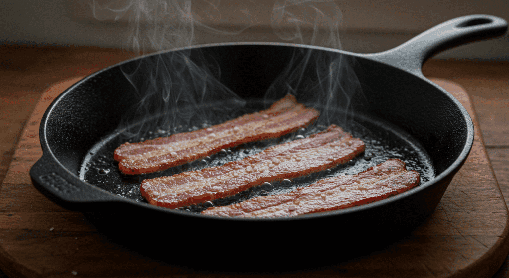 Sizzling thick-cut bacon in a cast iron pan