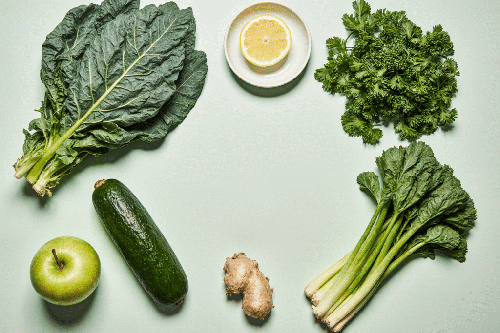 Fresh ingredients for homemade Green juice including kale, apple, cucumber, and lemon.