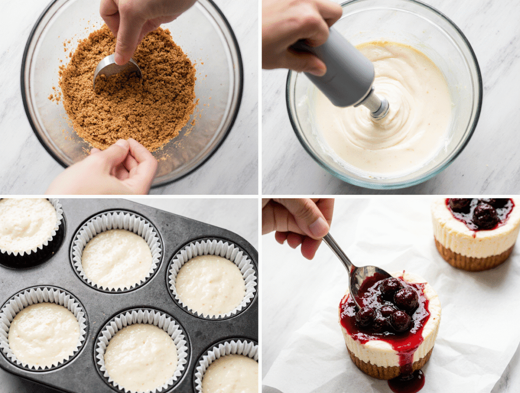 Step-by-step process for Mini dessert ideas showing mixing ingredients, filling cupcake molds, baking, and decorating with fresh fruit and cream.