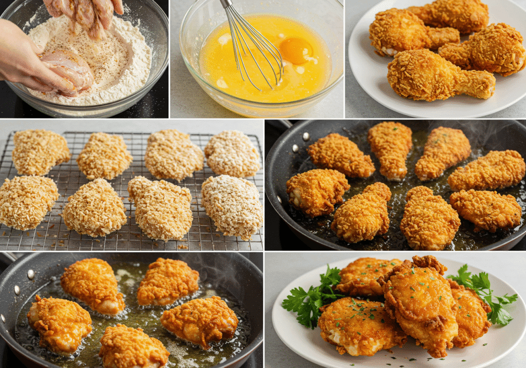 Step-by-step collage showing marination, coating, frying, and serving