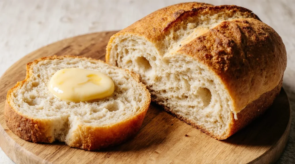 A slice of warm homemade bread with melting butter, showing a perfect airy crumb.
